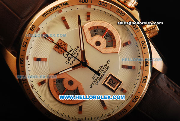 Tag Heuer Carrera Calibre 17 Swiss valjoux 7750 Automatic Movement Rose Gold Case with Beige Dial Brown Leather Strap - Click Image to Close